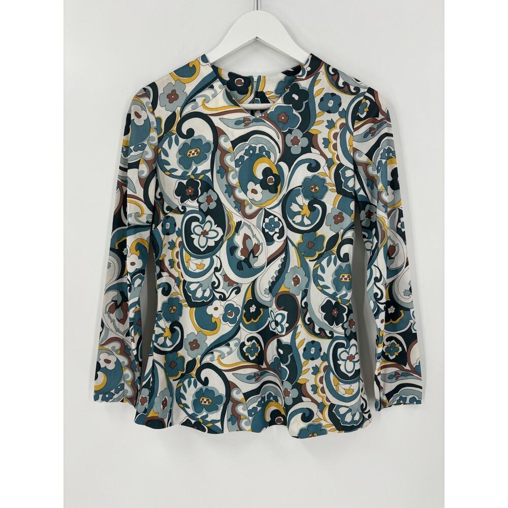 Montgomery Ward Vintage Blouse Womens Medium Blue White Floral Printed Top